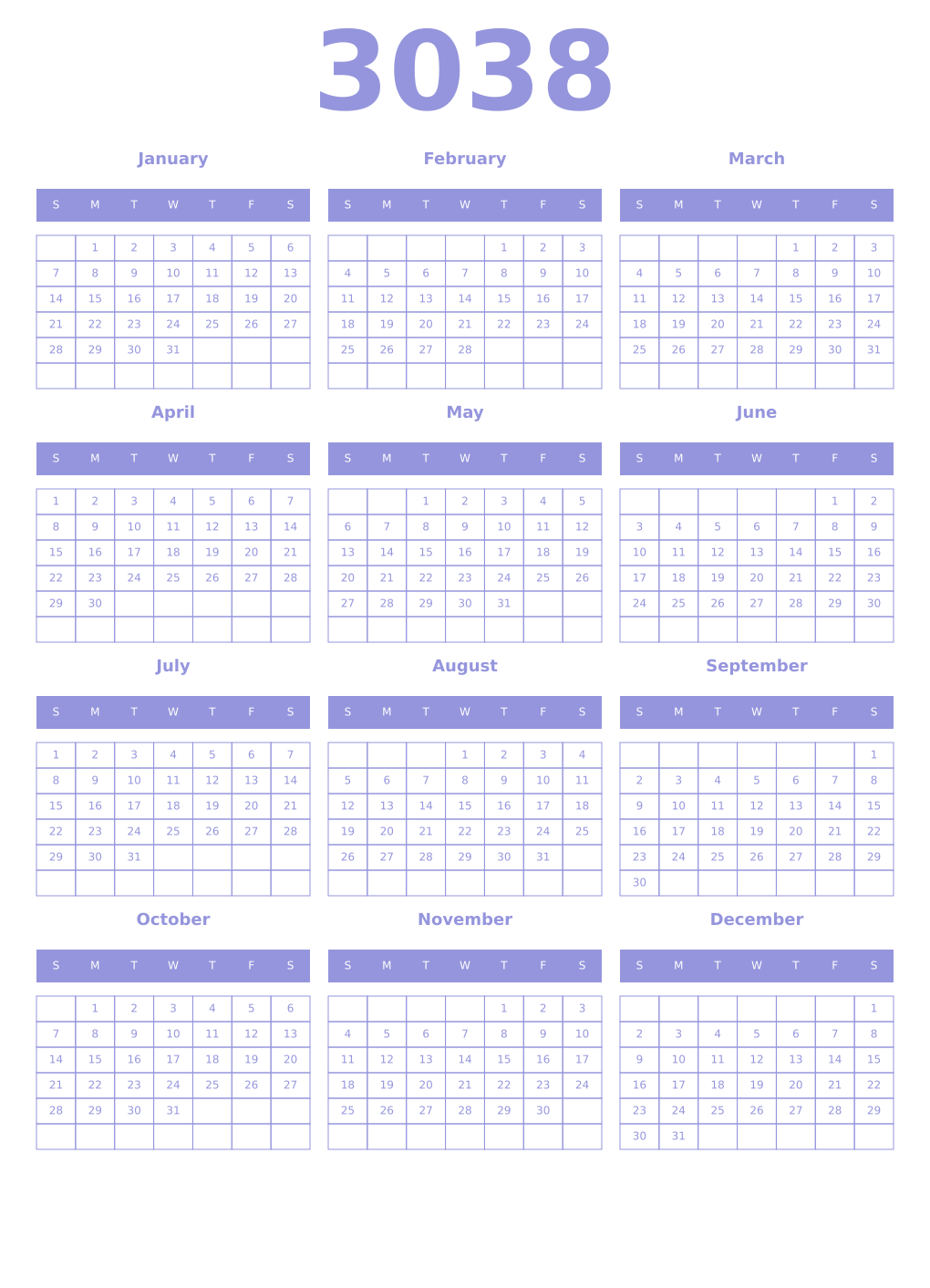 Printable 3038 Year Calendars periwinkle
