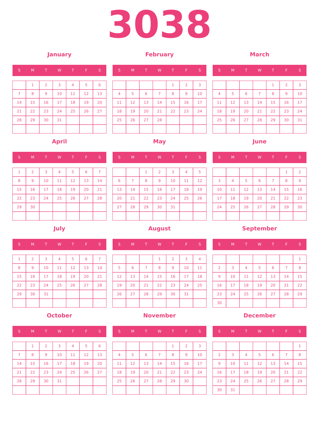 Printable 3038 Year Calendars pink