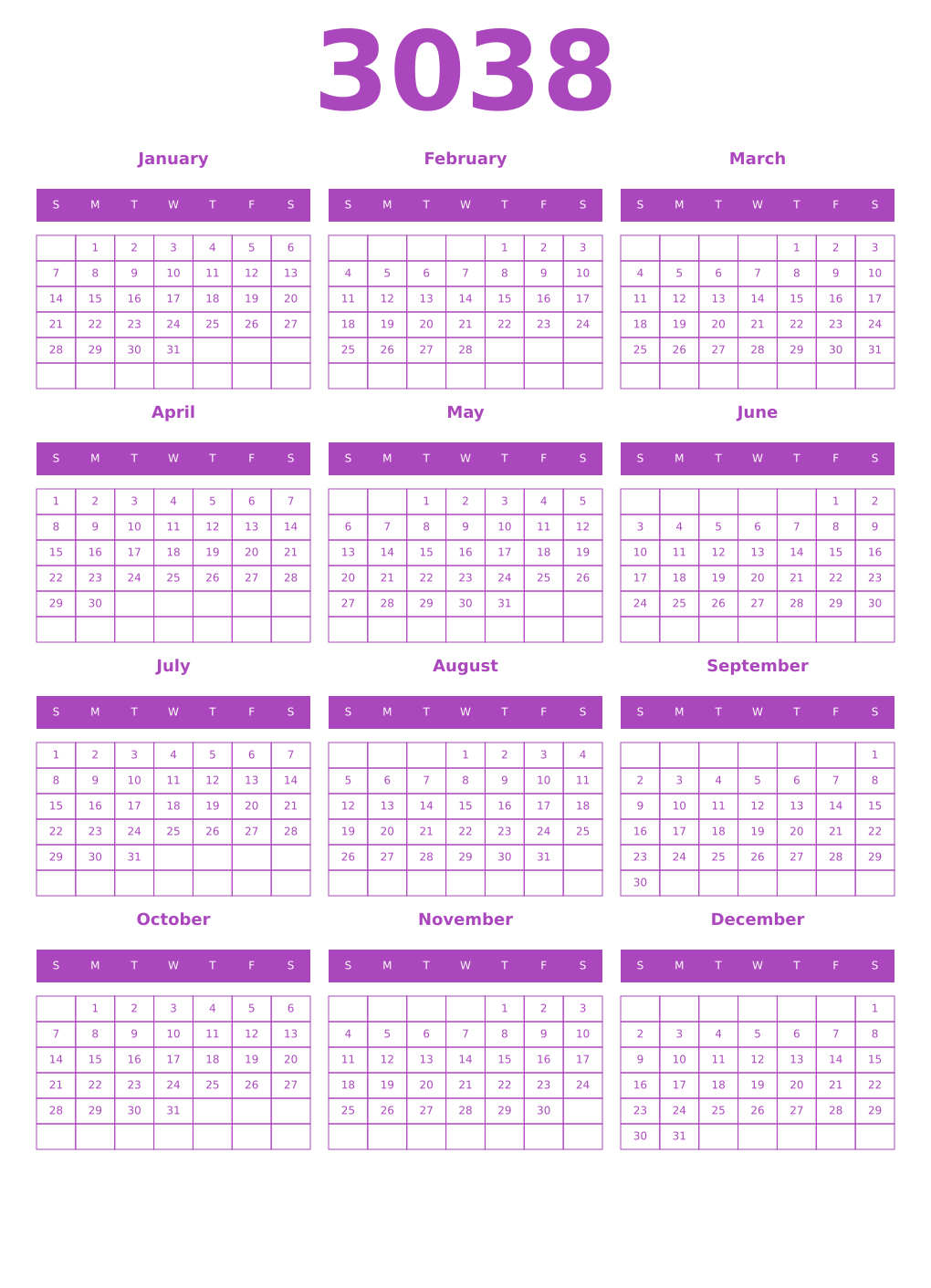 Printable 3038 Year Calendars purple