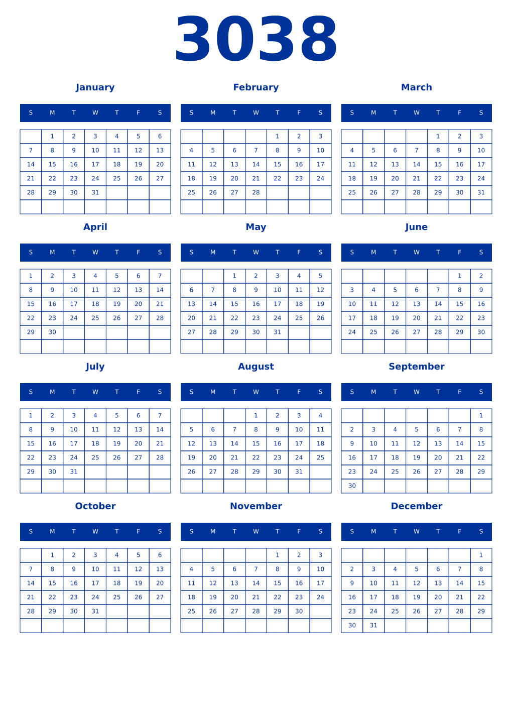 Printable 3038 Year Calendars smalt