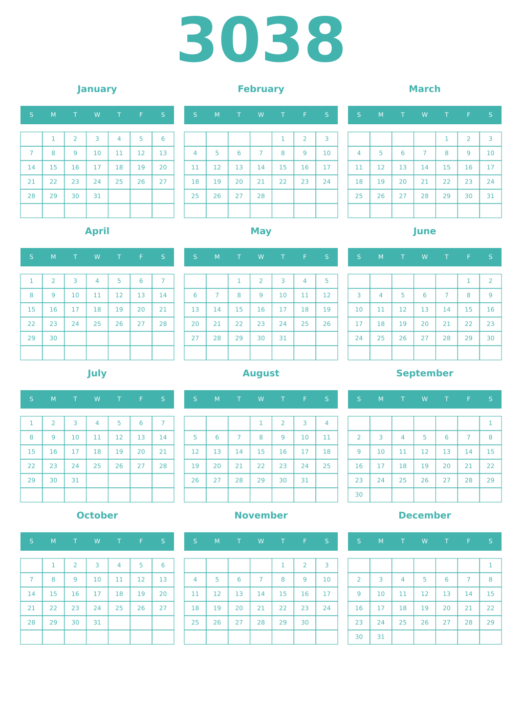 Printable 3038 Year Calendars verdigris