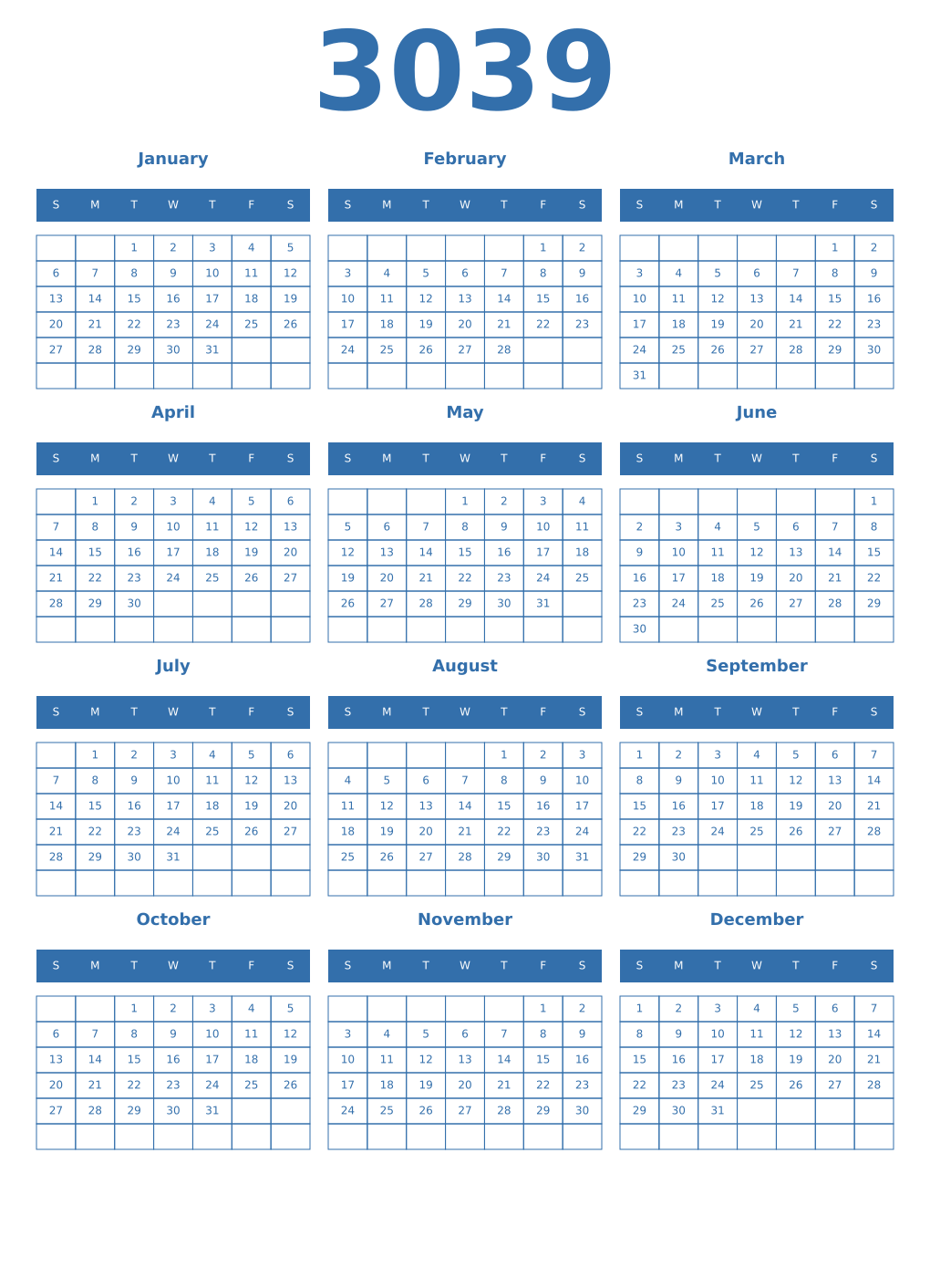 Printable 3039 Year Calendars blue