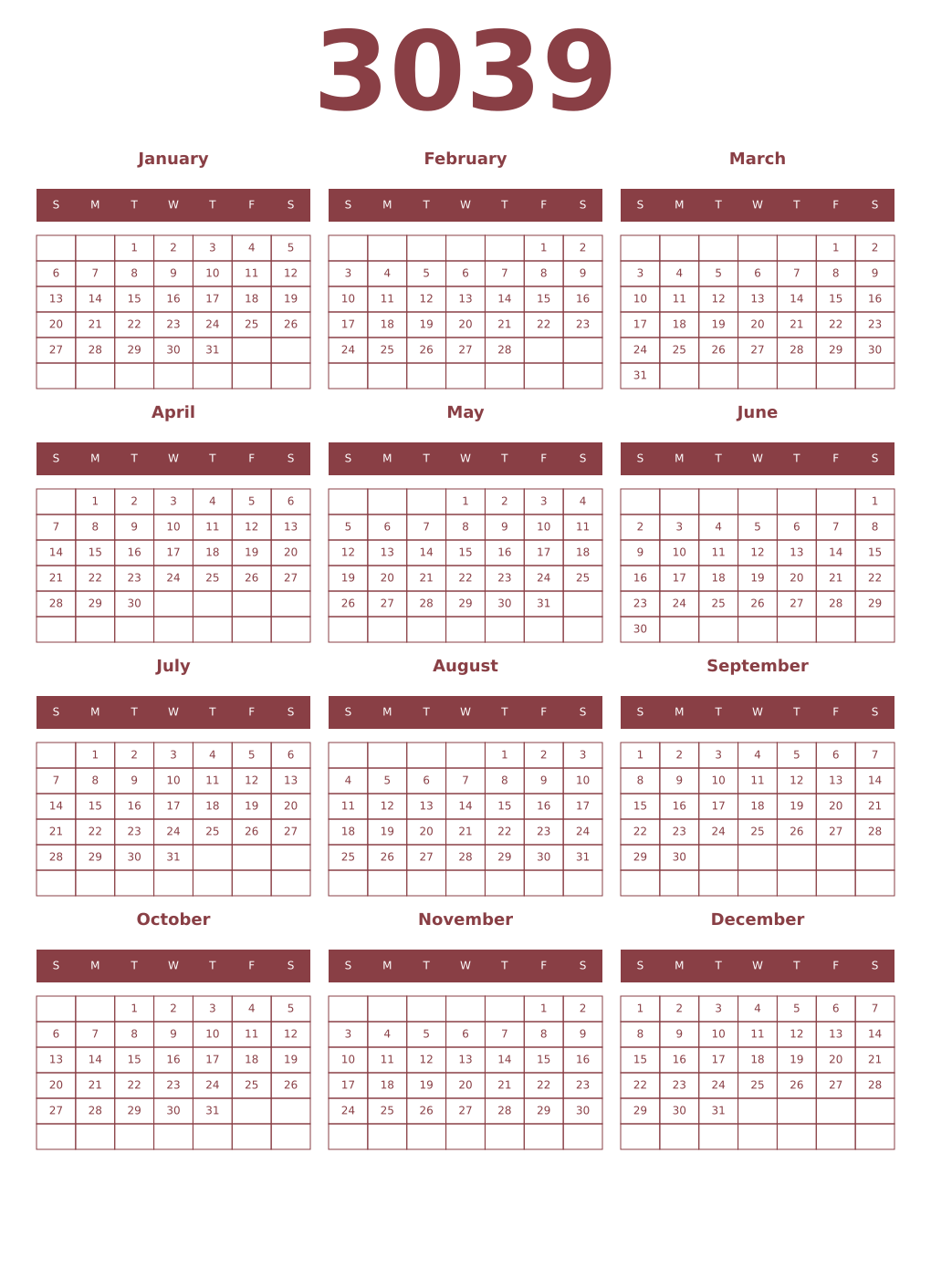 Printable 3039 Year Calendars cordovan