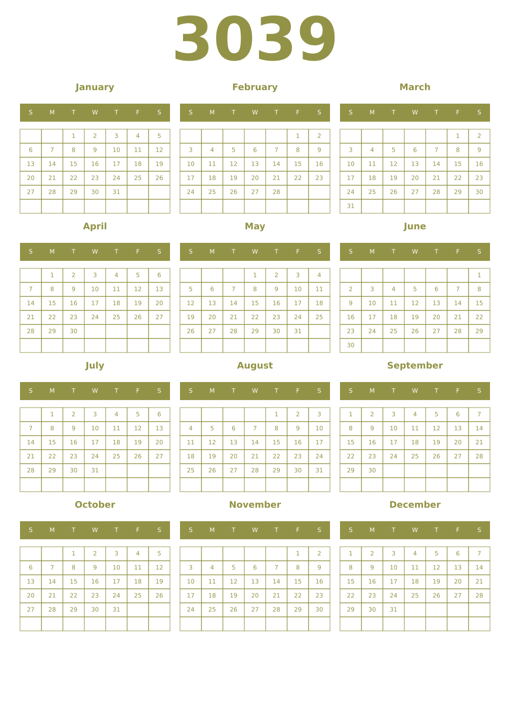 Printable 3039 Year Calendars eburnean