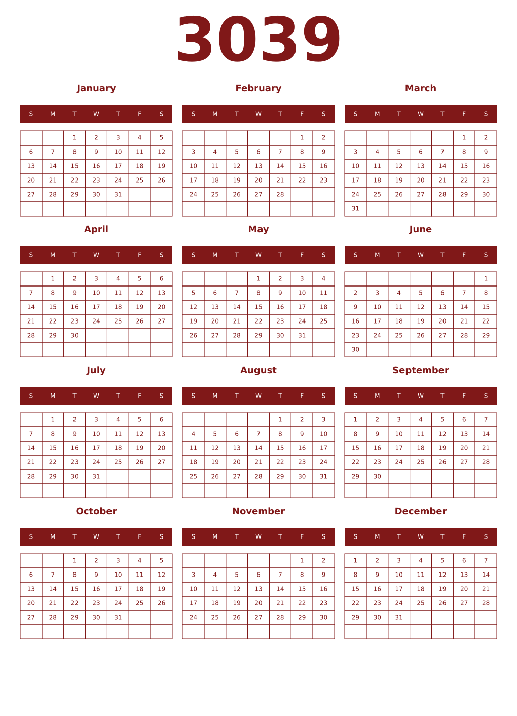 Printable 3039 Year Calendars falu