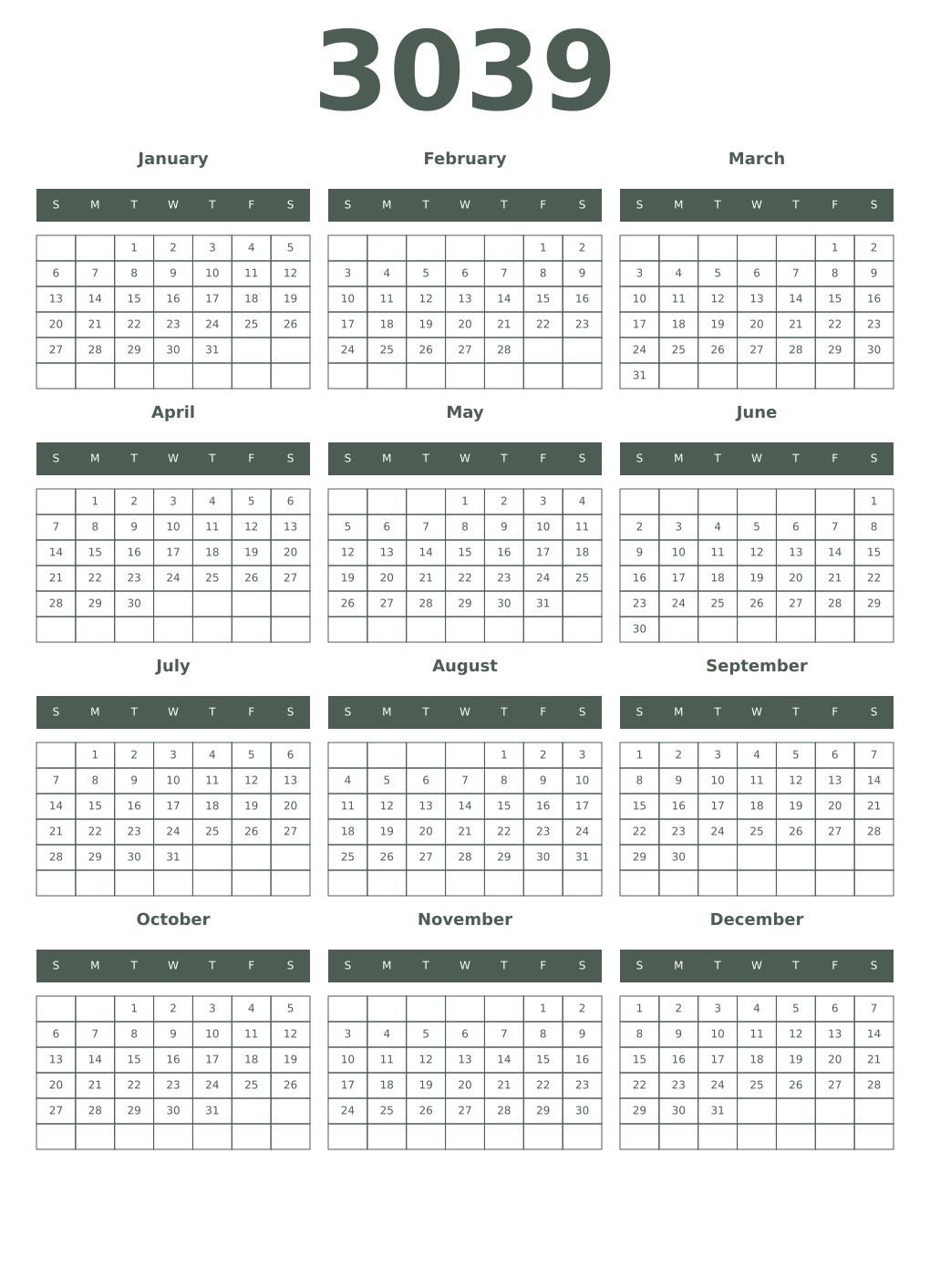 Printable 3039 Year Calendars feldgrau