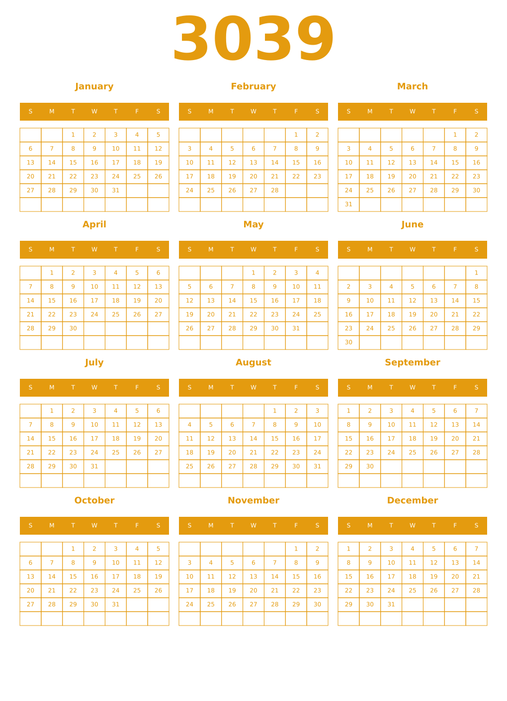 Printable 3039 Year Calendars gamboge