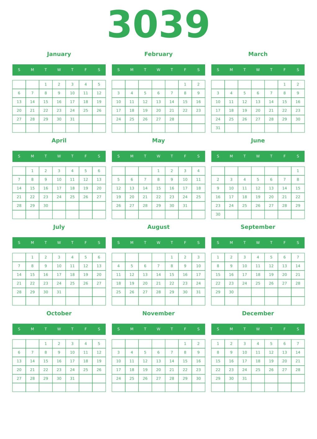 Printable 3039 Year Calendars green