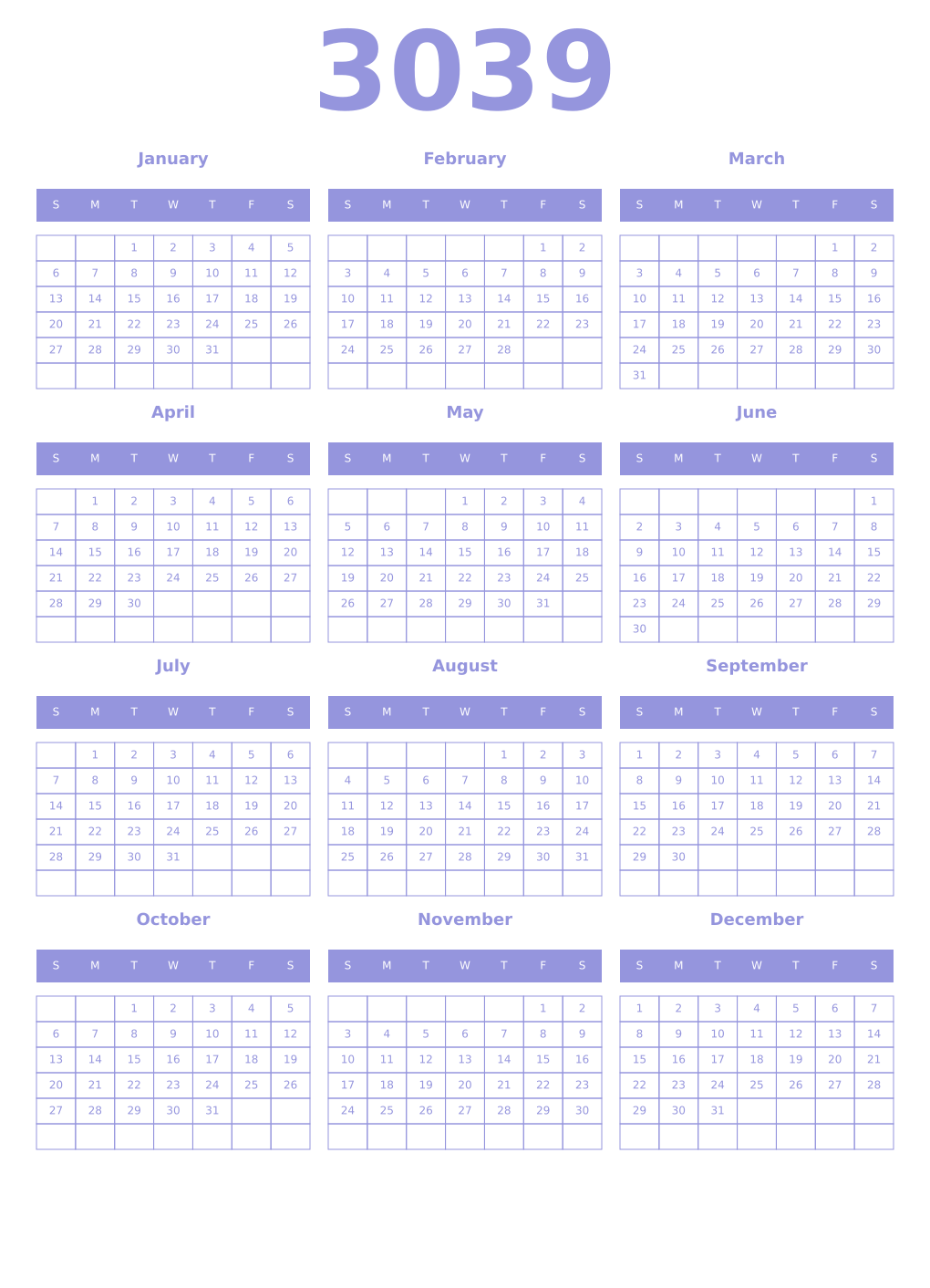 Printable 3039 Year Calendars periwinkle