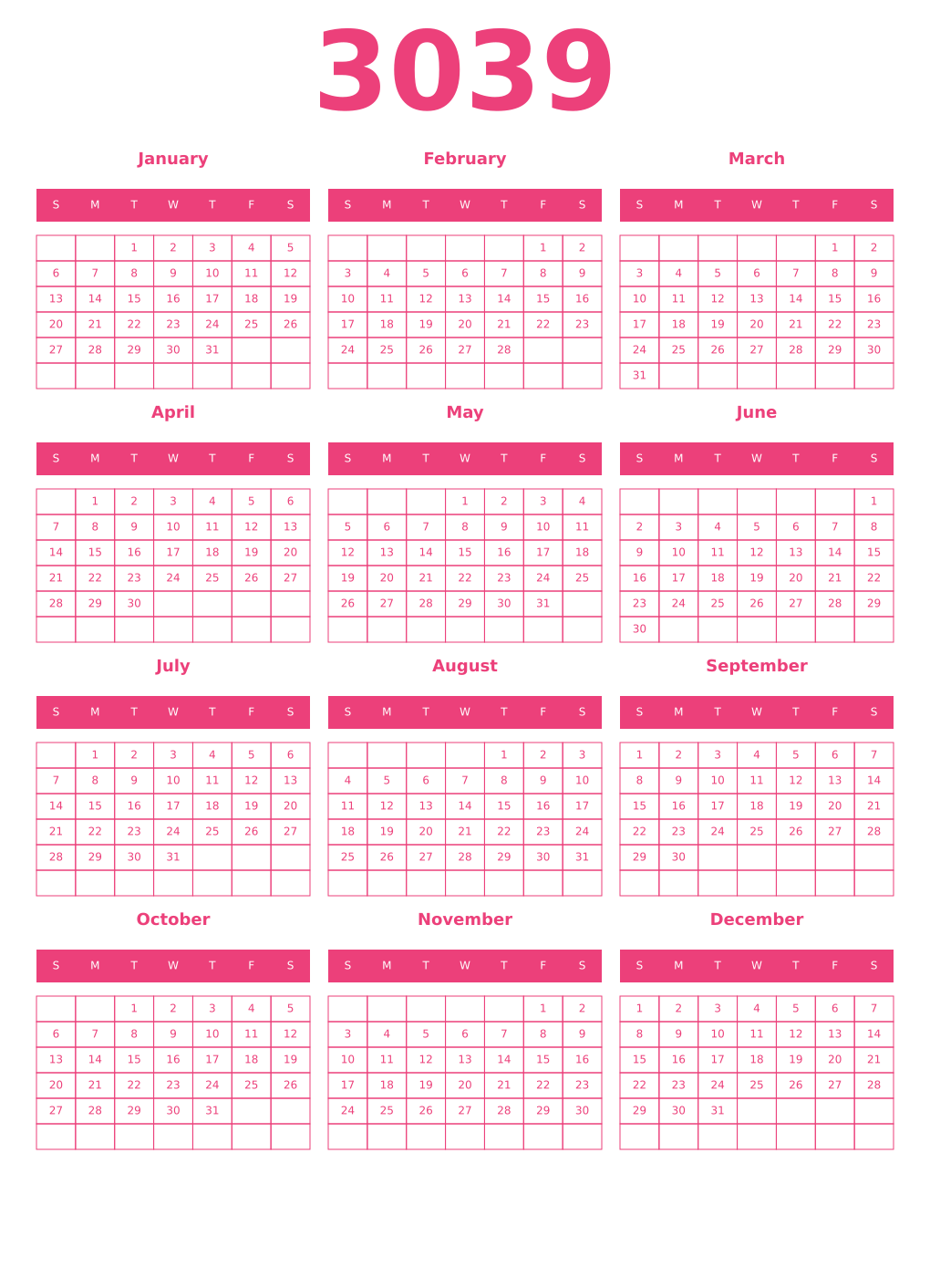 Printable 3039 Year Calendars pink
