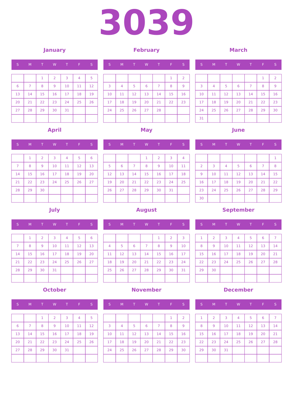 Printable 3039 Year Calendars purple