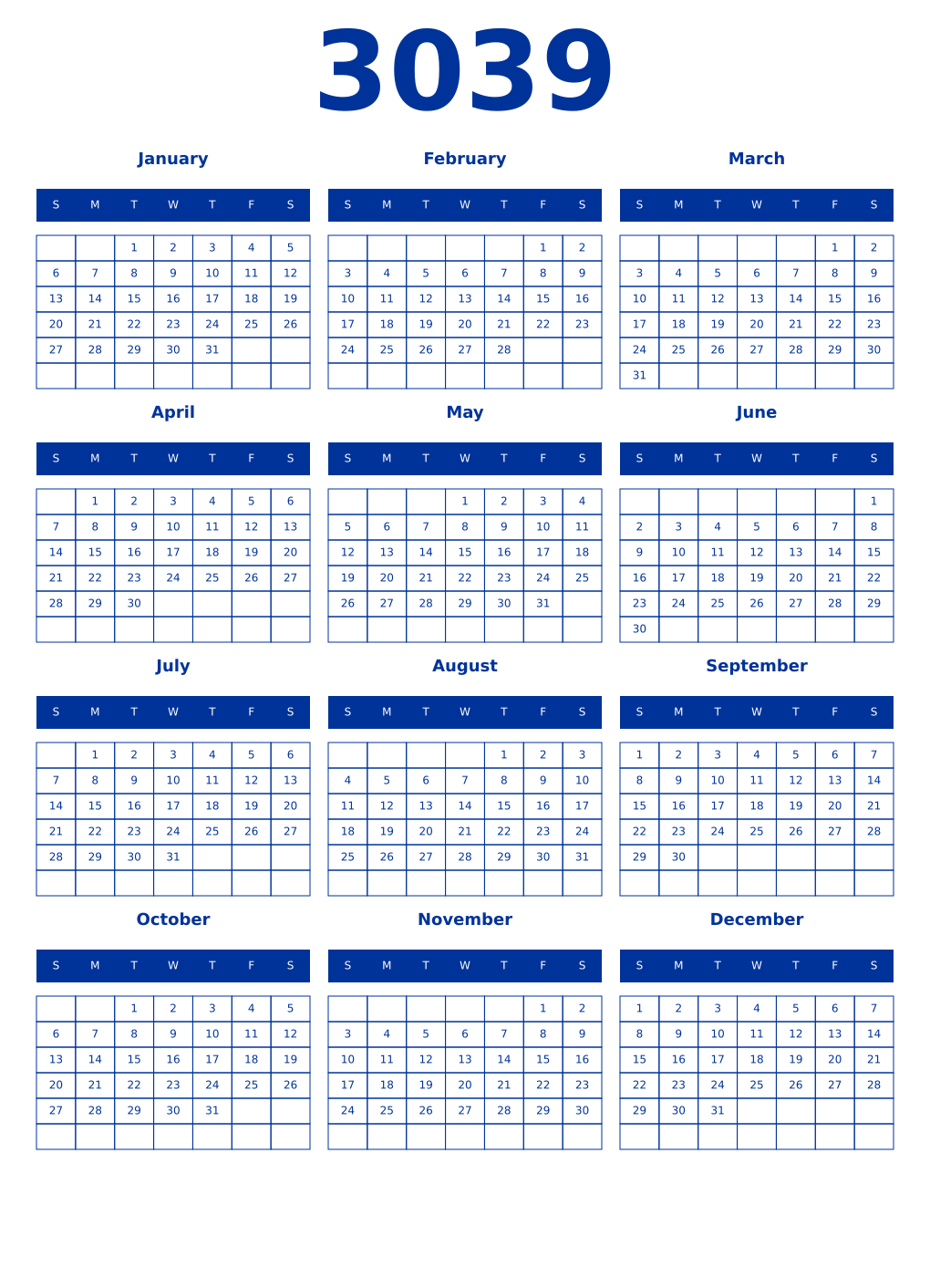 Printable 3039 Year Calendars smalt