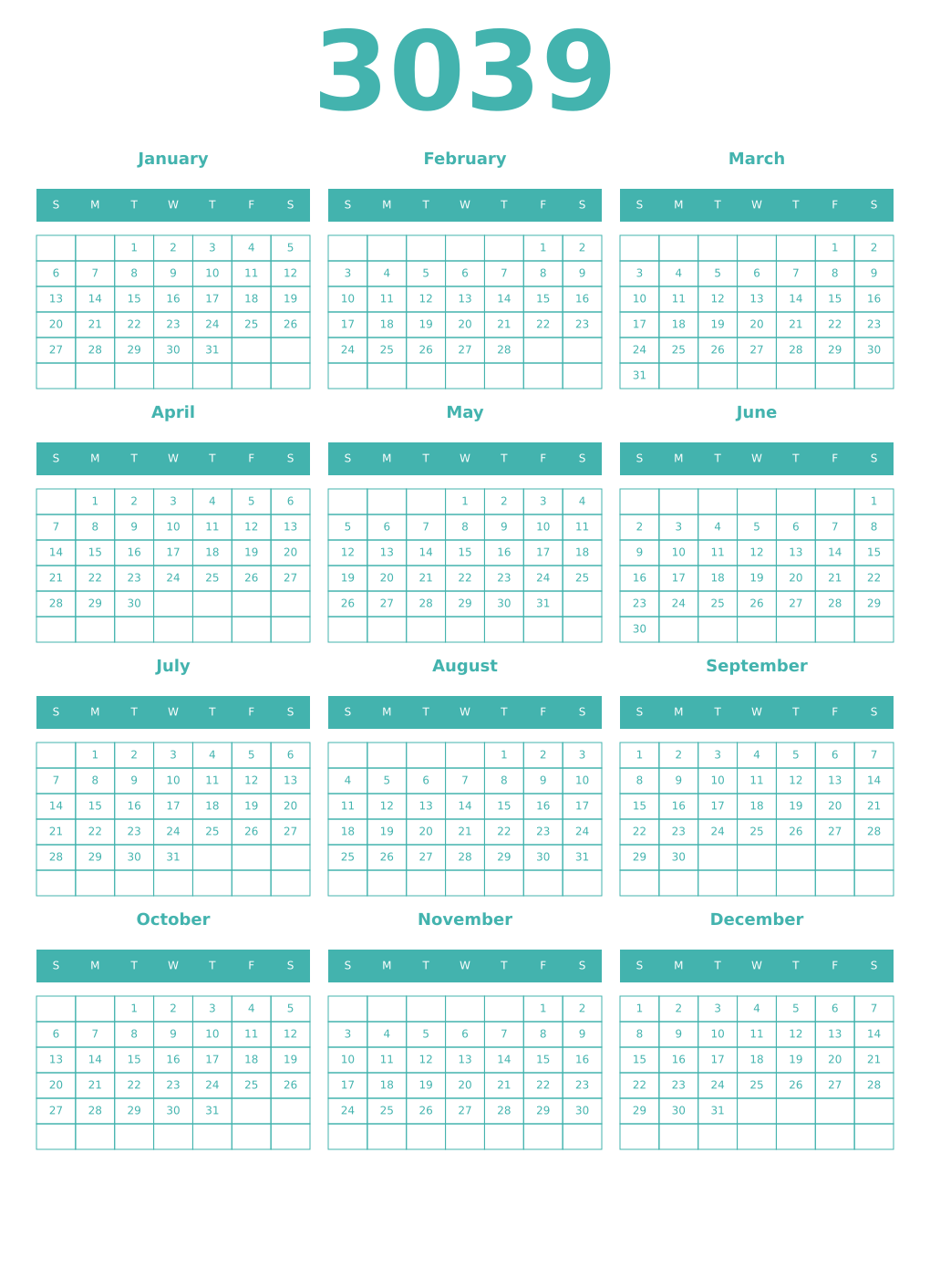Printable 3039 Year Calendars verdigris