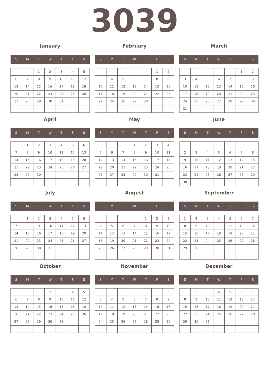 Printable 3039 Year Calendars wenge