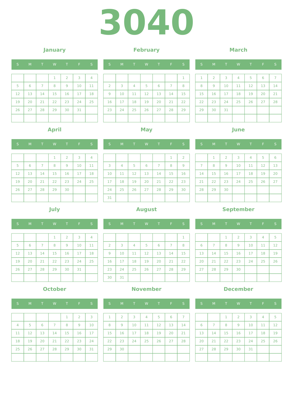 Printable 3040 Year Calendars celadon