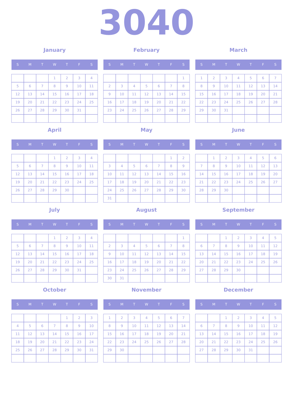 Printable 3040 Year Calendars periwinkle
