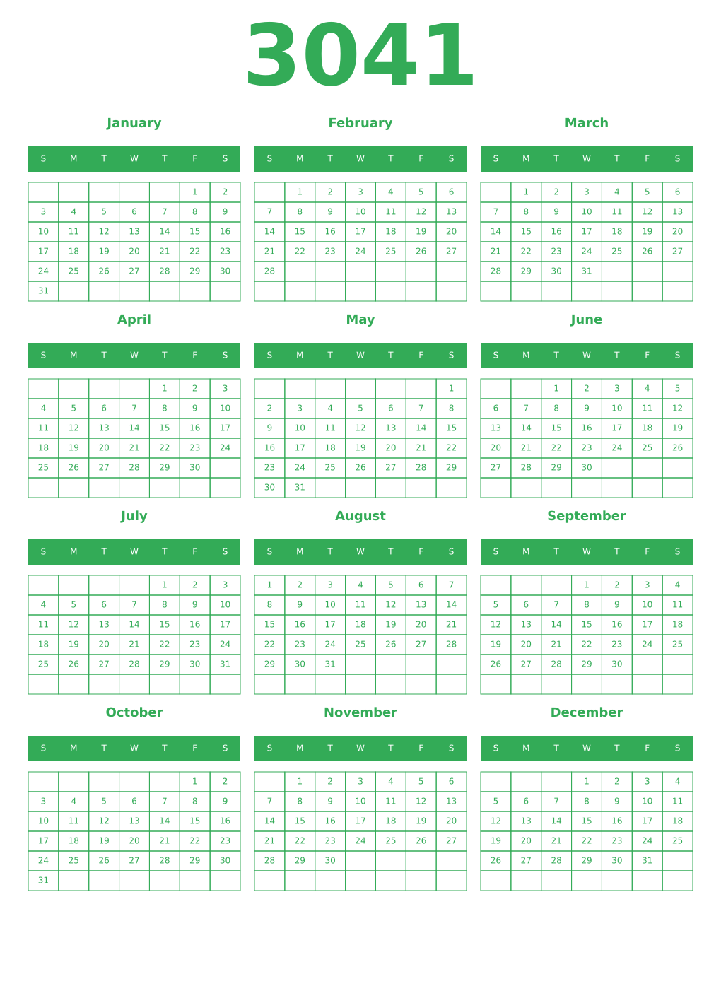 Printable 3041 Year Calendars green