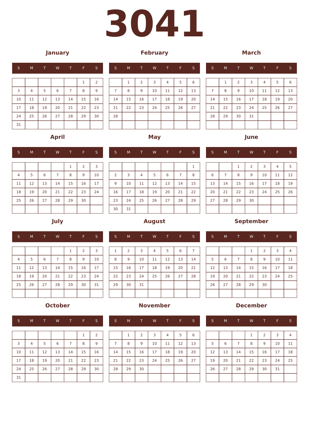 Printable 3041 Year Calendars mortuum