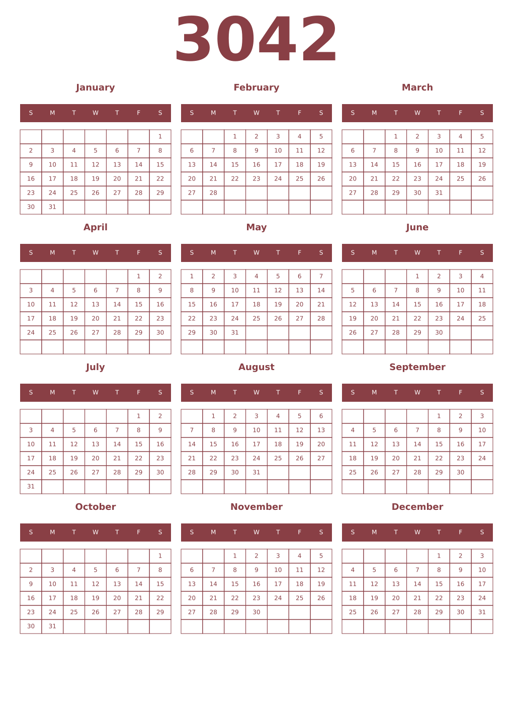 Printable 3042 Year Calendars cordovan