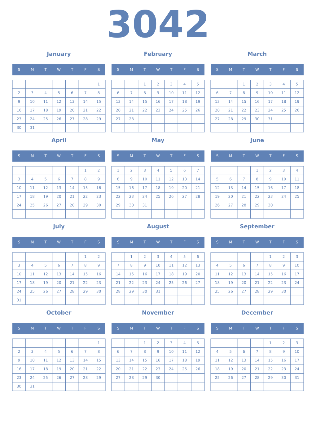 Printable 3042 Year Calendars glaucous