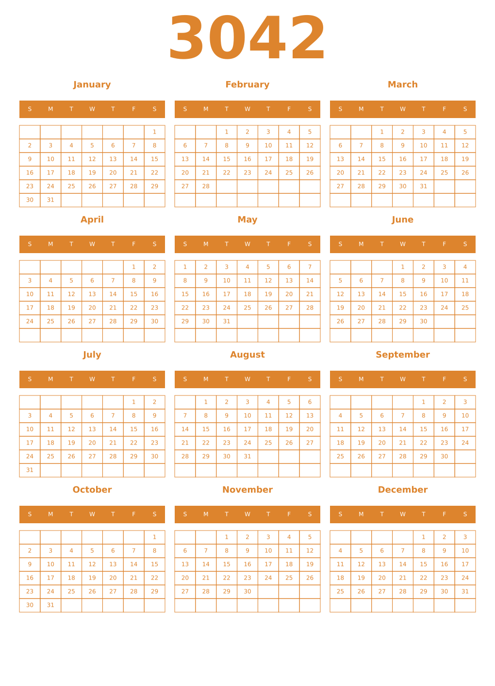 Printable 3042 Year Calendars orange