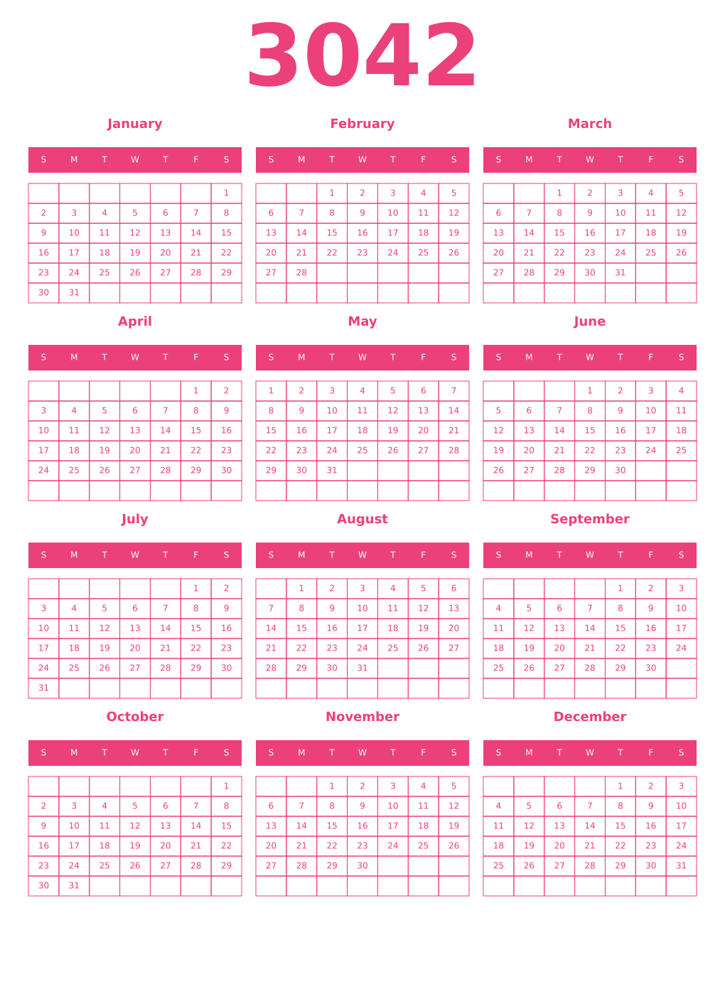 Printable 3042 Year Calendars pink