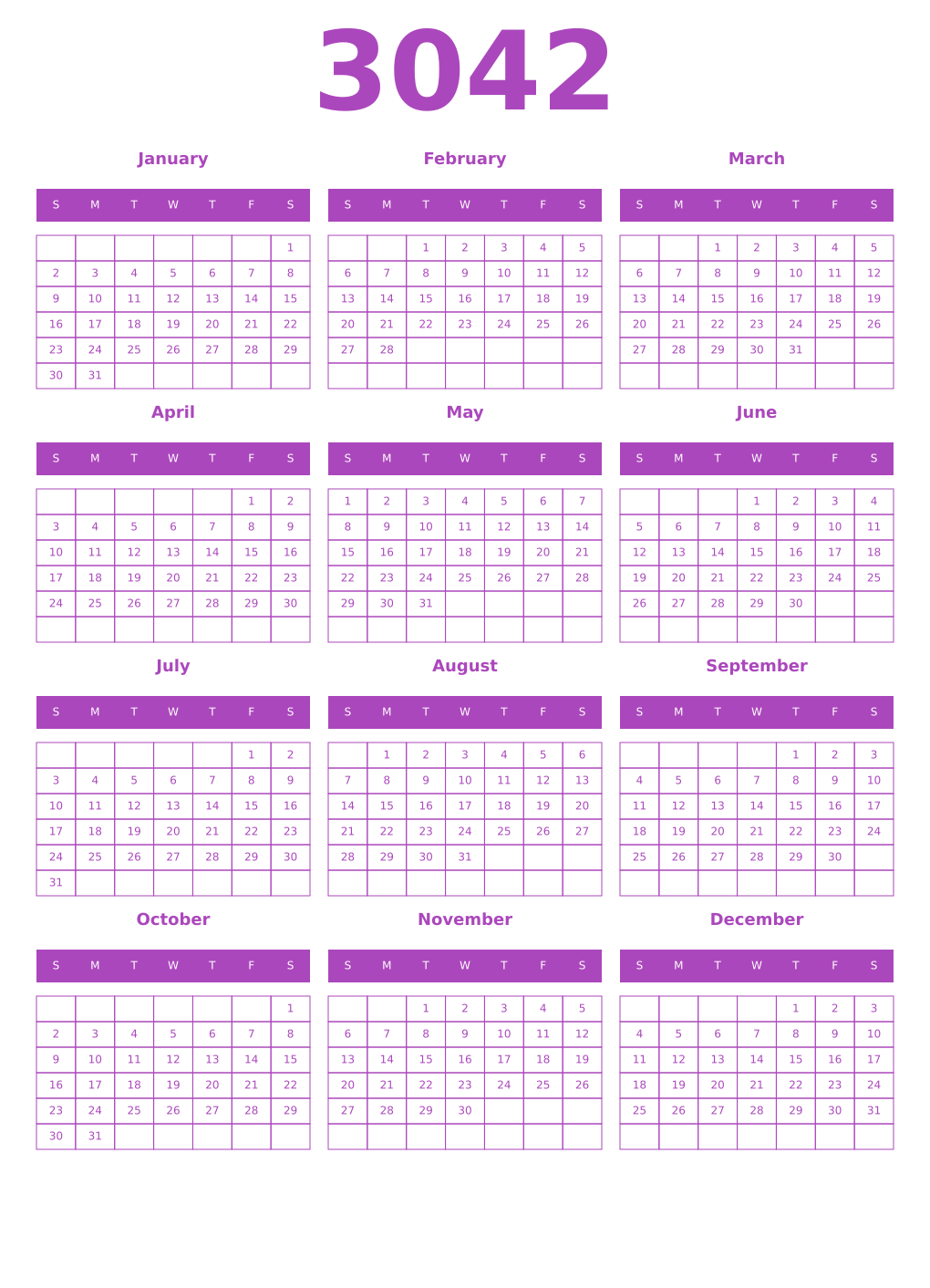 Printable 3042 Year Calendars purple
