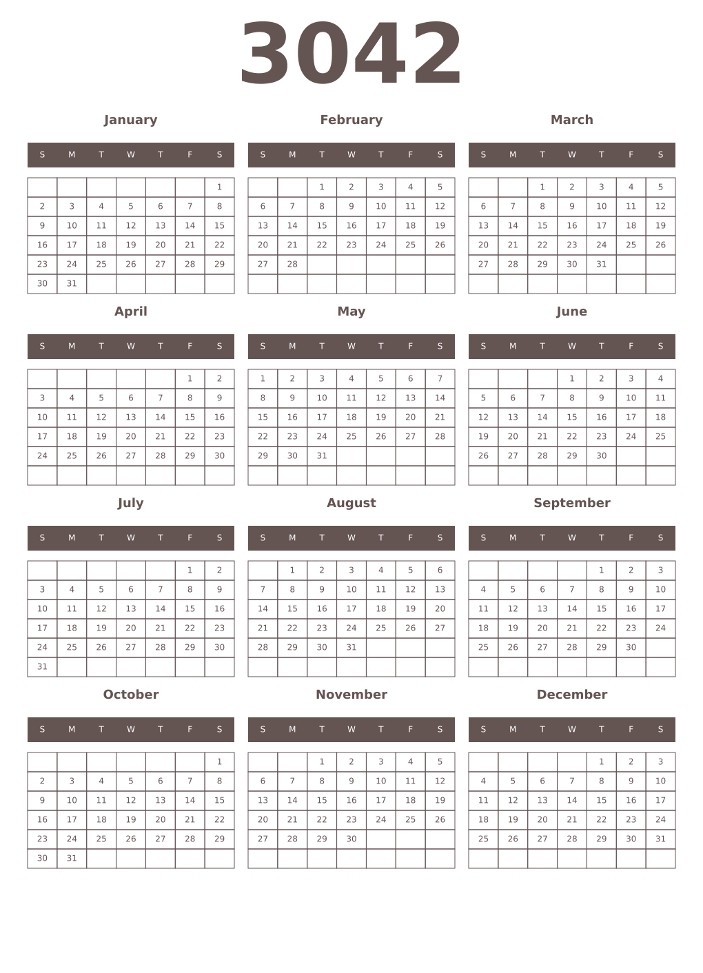 Printable 3042 Year Calendars wenge