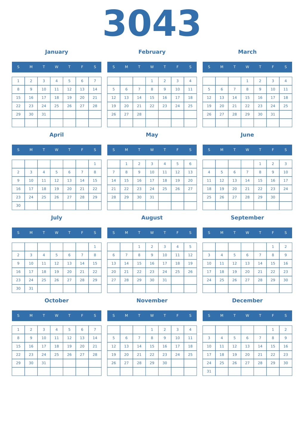 Printable 3043 Year Calendars blue