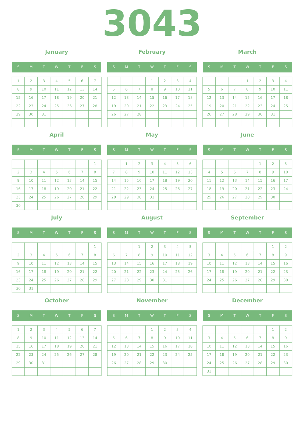 Printable 3043 Year Calendars celadon