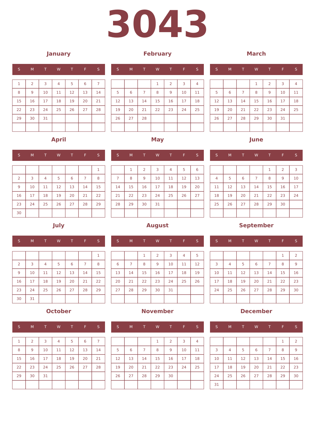 Printable 3043 Year Calendars cordovan