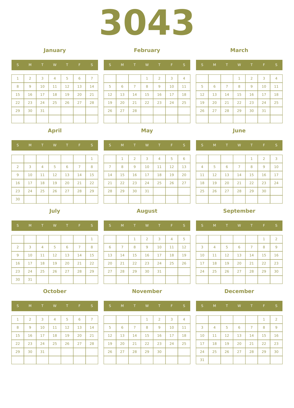 Printable 3043 Year Calendars eburnean