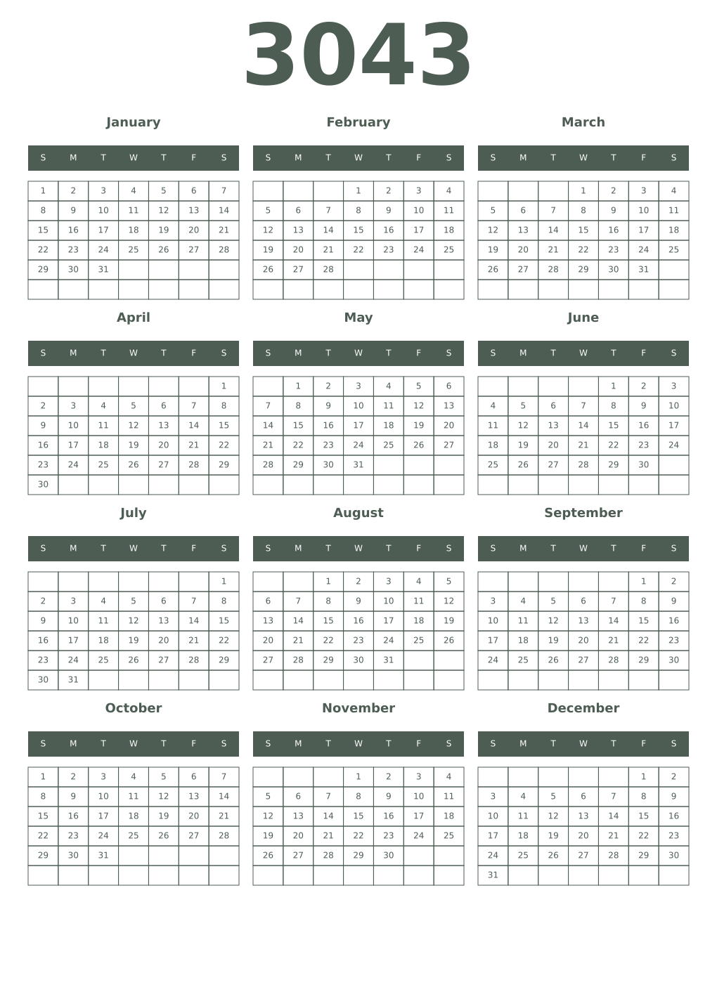 Printable 3043 Year Calendars feldgrau