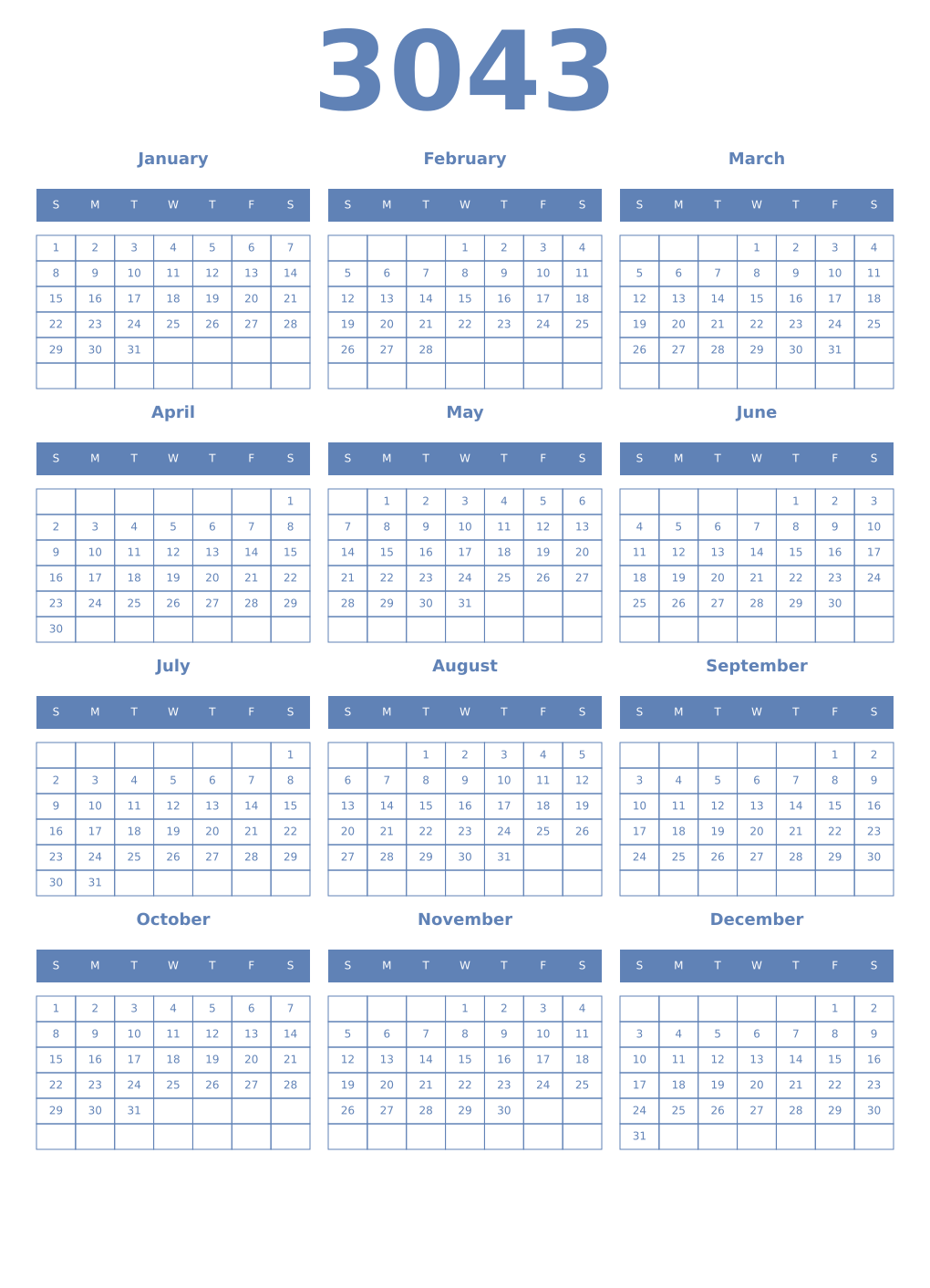 Printable 3043 Year Calendars glaucous