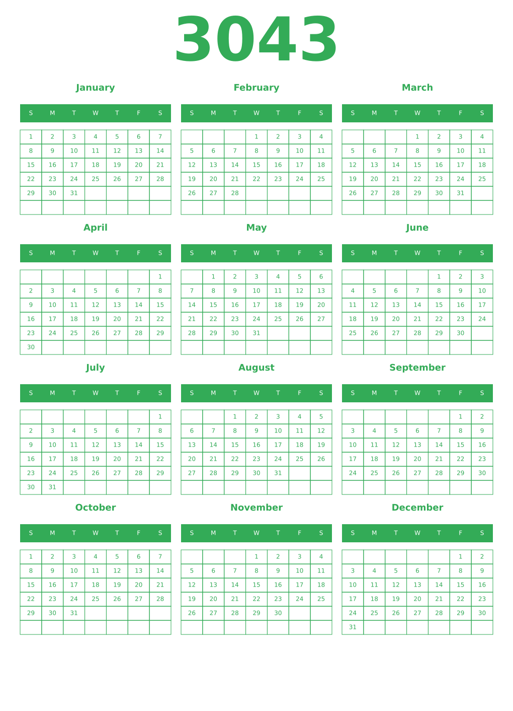 Printable 3043 Year Calendars green