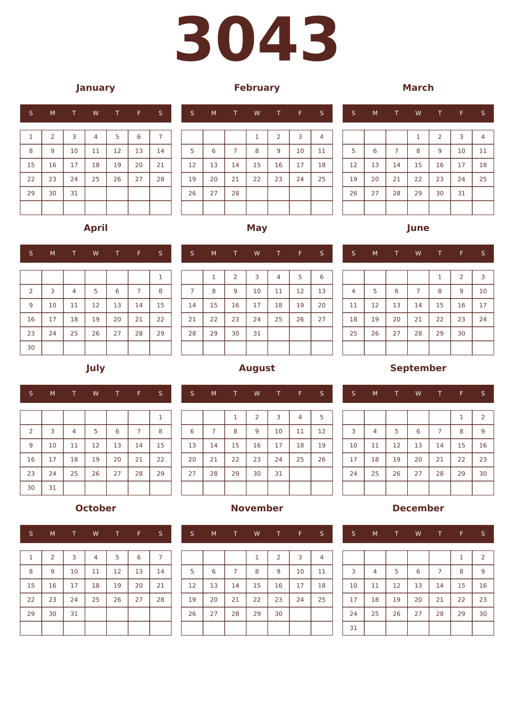 Printable 3043 Year Calendars mortuum