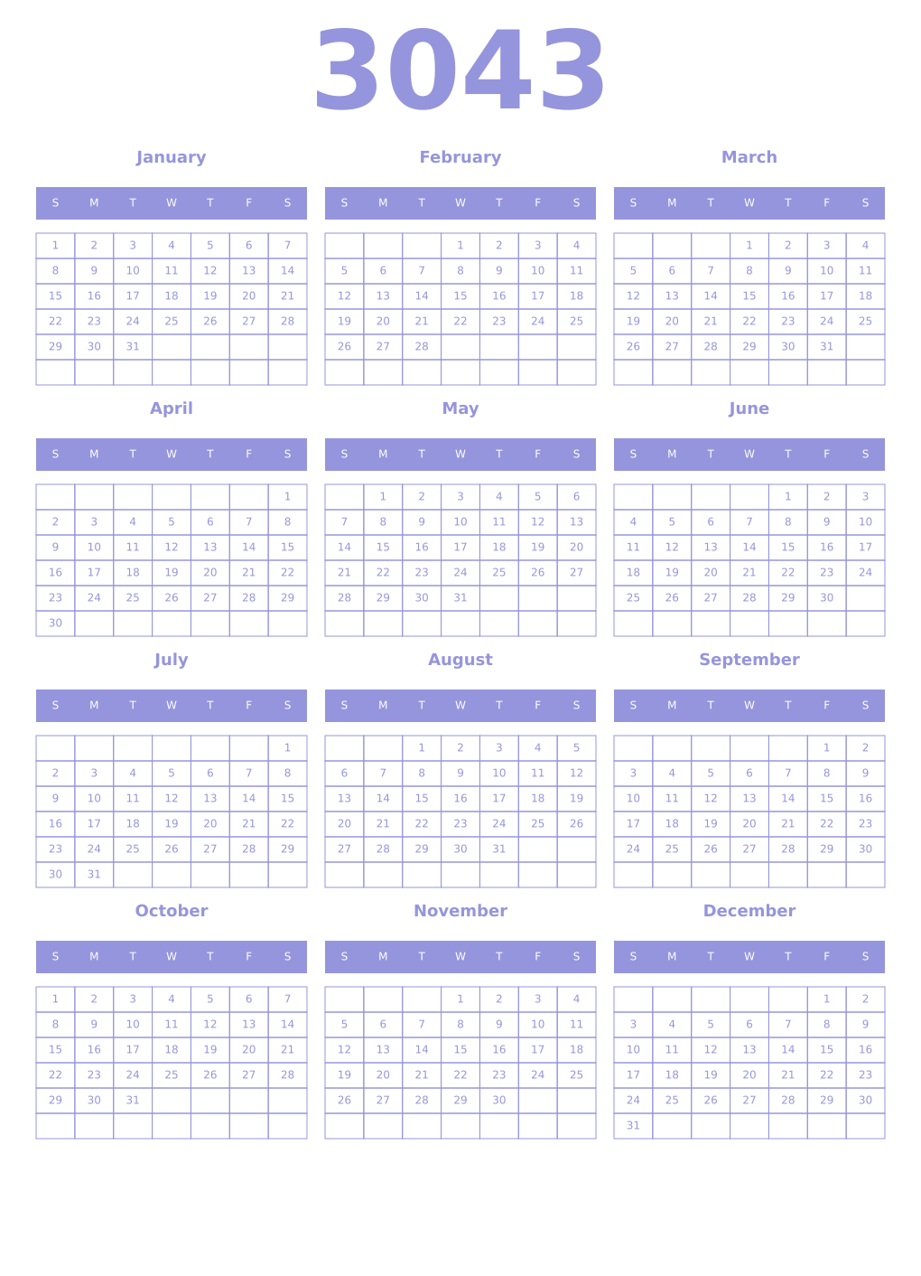 Printable 3043 Year Calendars periwinkle