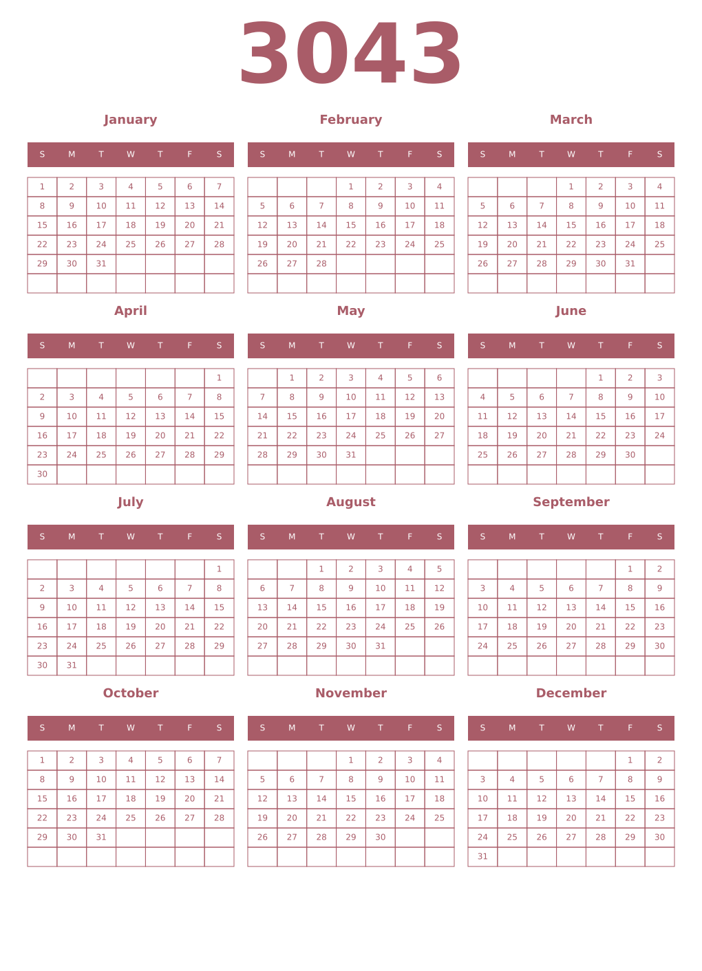Printable 3043 Year Calendars puce