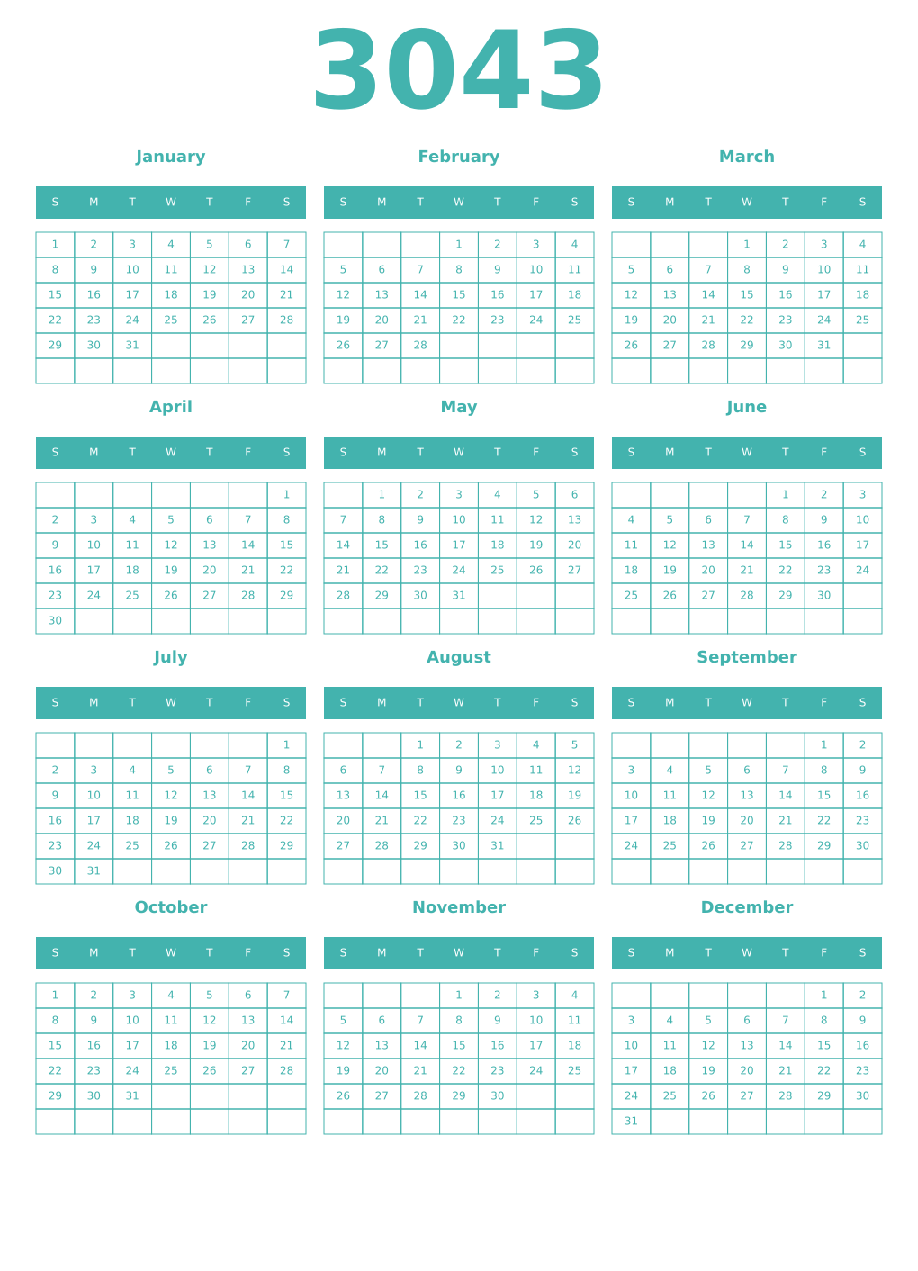 Printable 3043 Year Calendars verdigris