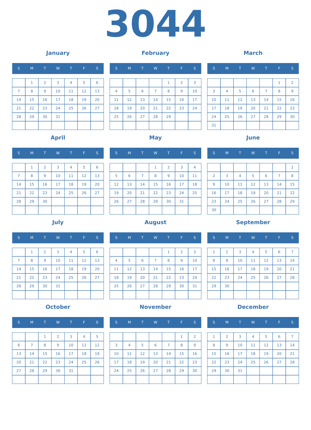 Printable 3044 Year Calendars blue
