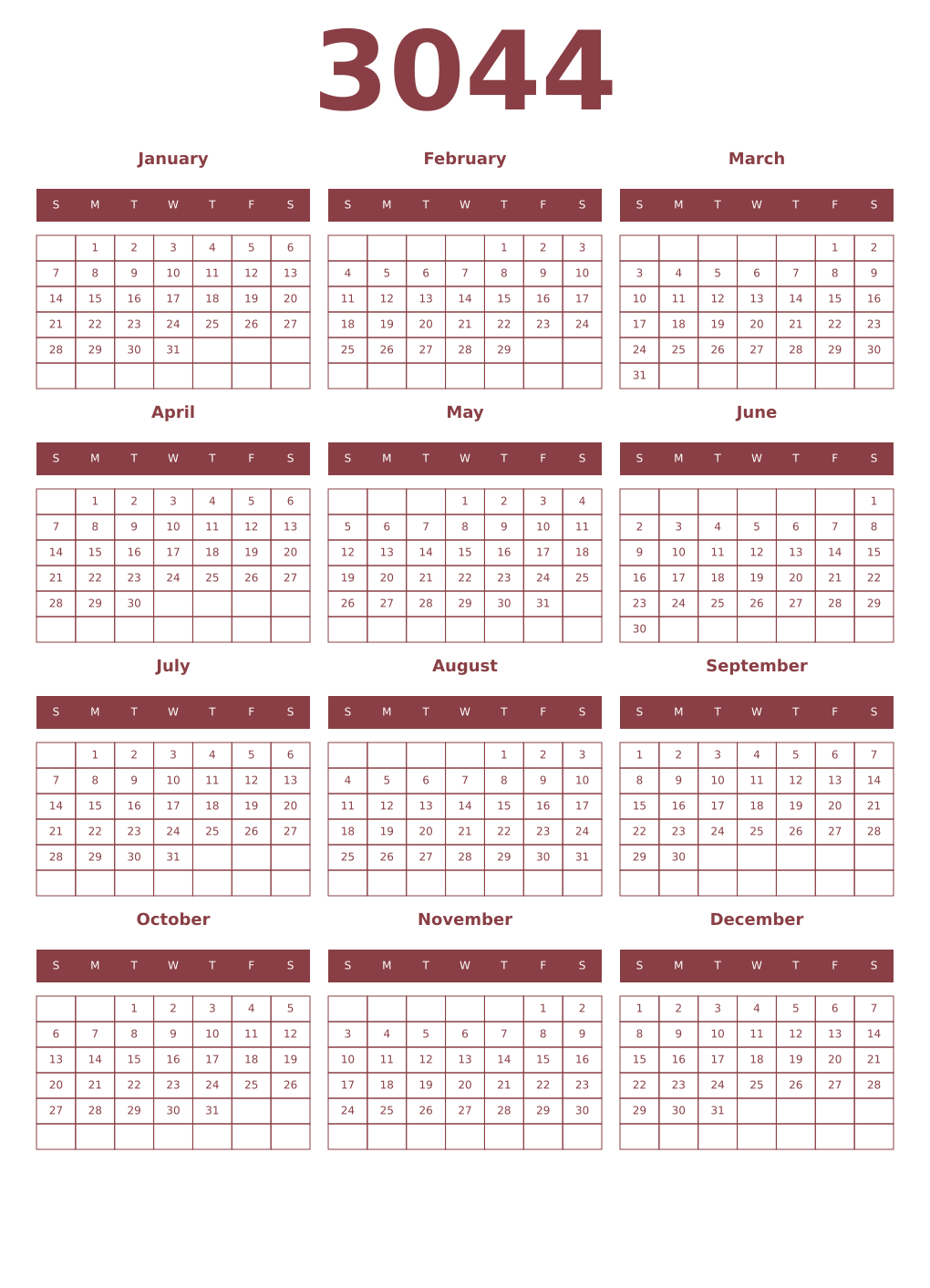 Printable 3044 Year Calendars cordovan