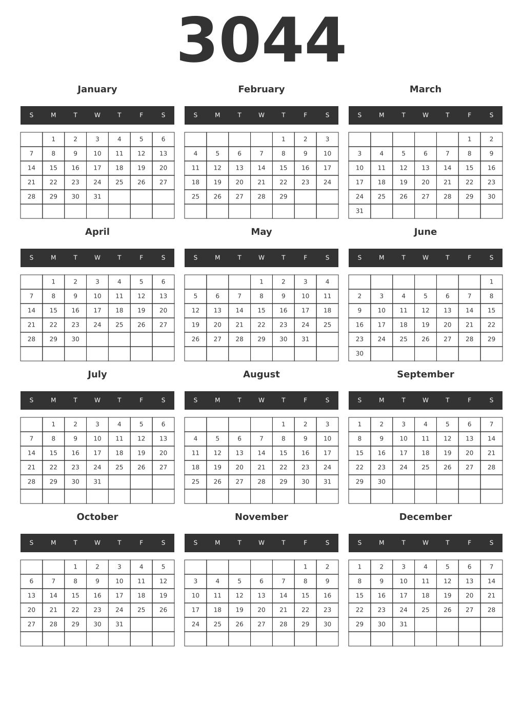 Printable 3044 Year Calendars dark