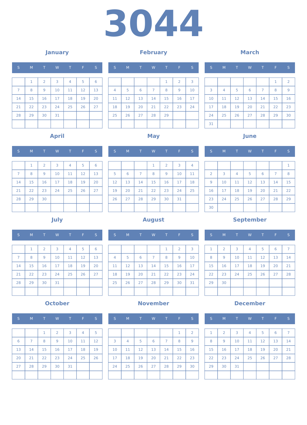 Printable 3044 Year Calendars glaucous