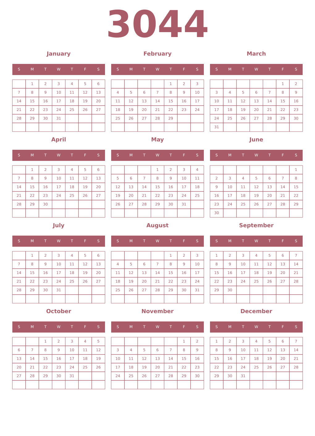 Printable 3044 Year Calendars puce
