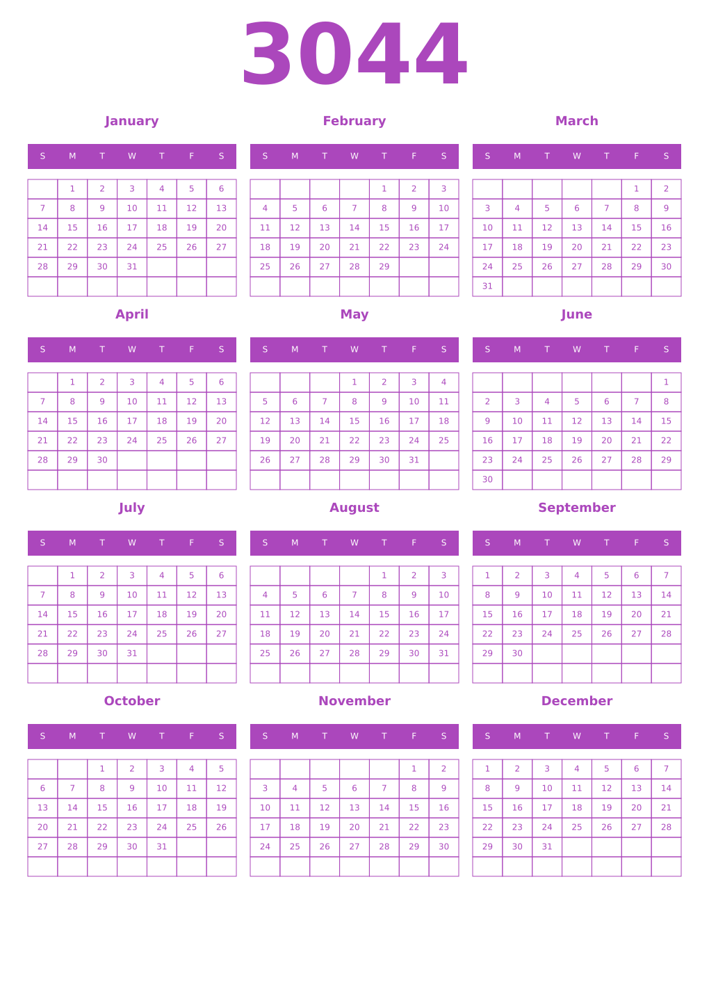 Printable 3044 Year Calendars purple