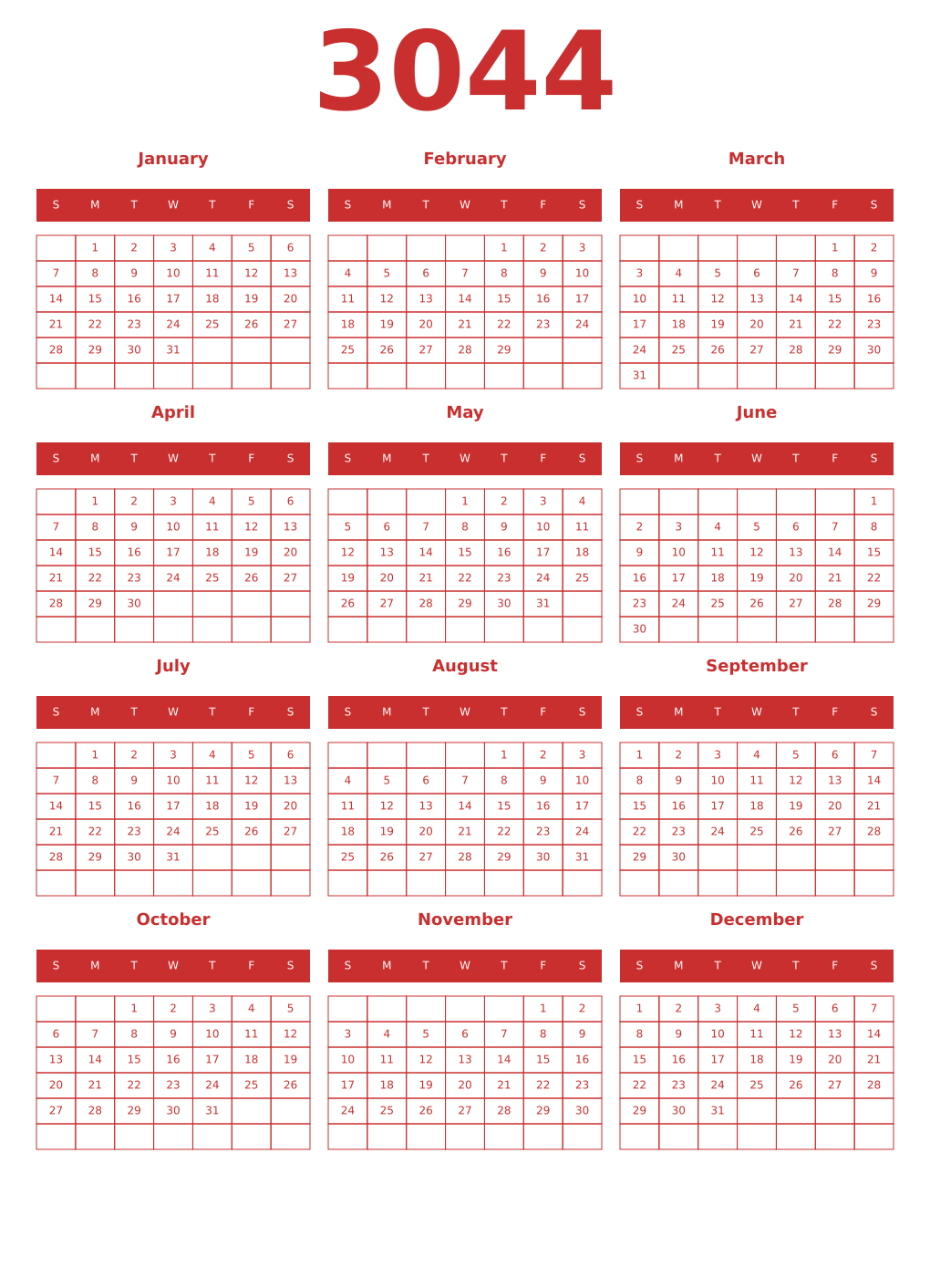 Printable 3044 Year Calendars red
