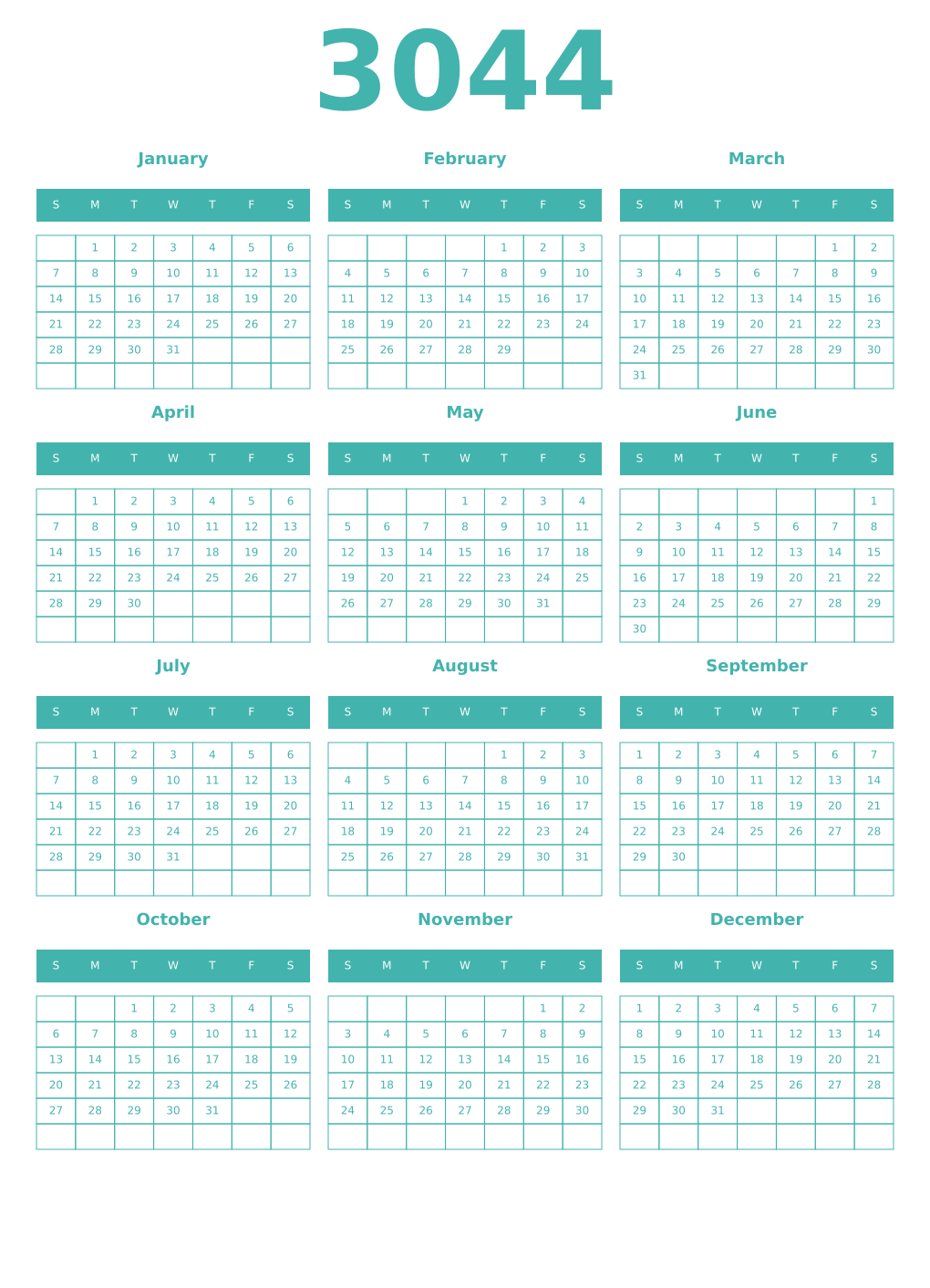 Printable 3044 Year Calendars verdigris