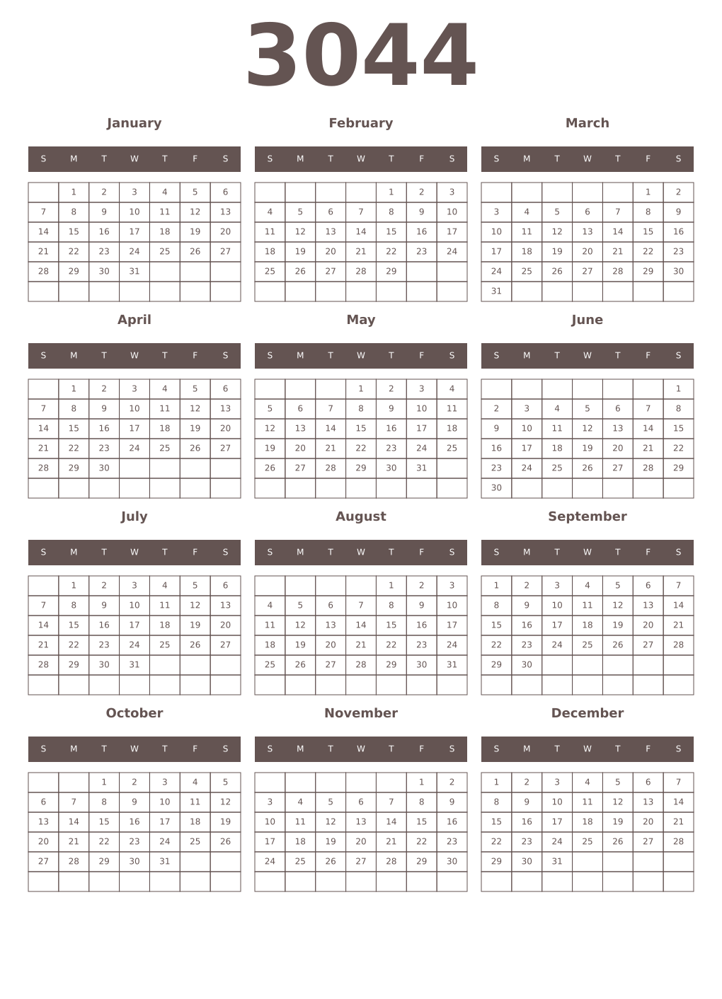 Printable 3044 Year Calendars wenge