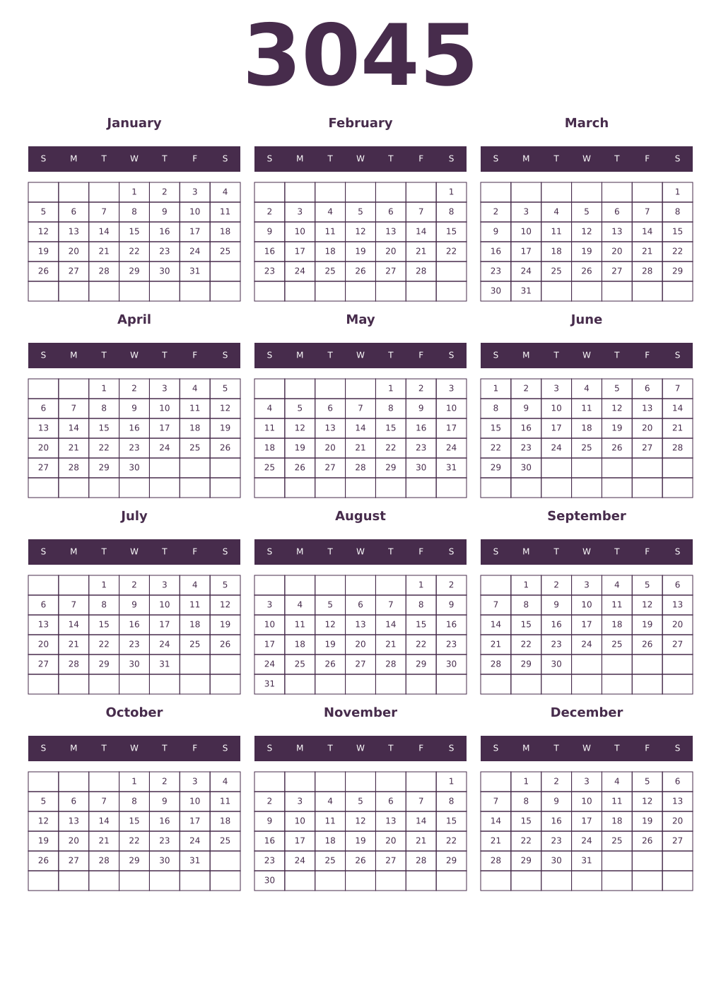 Printable 3045 Year Calendars aubergine