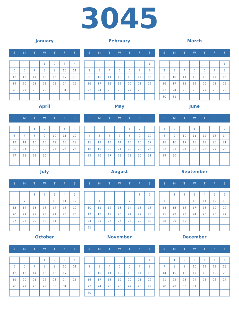Printable 3045 Year Calendars blue